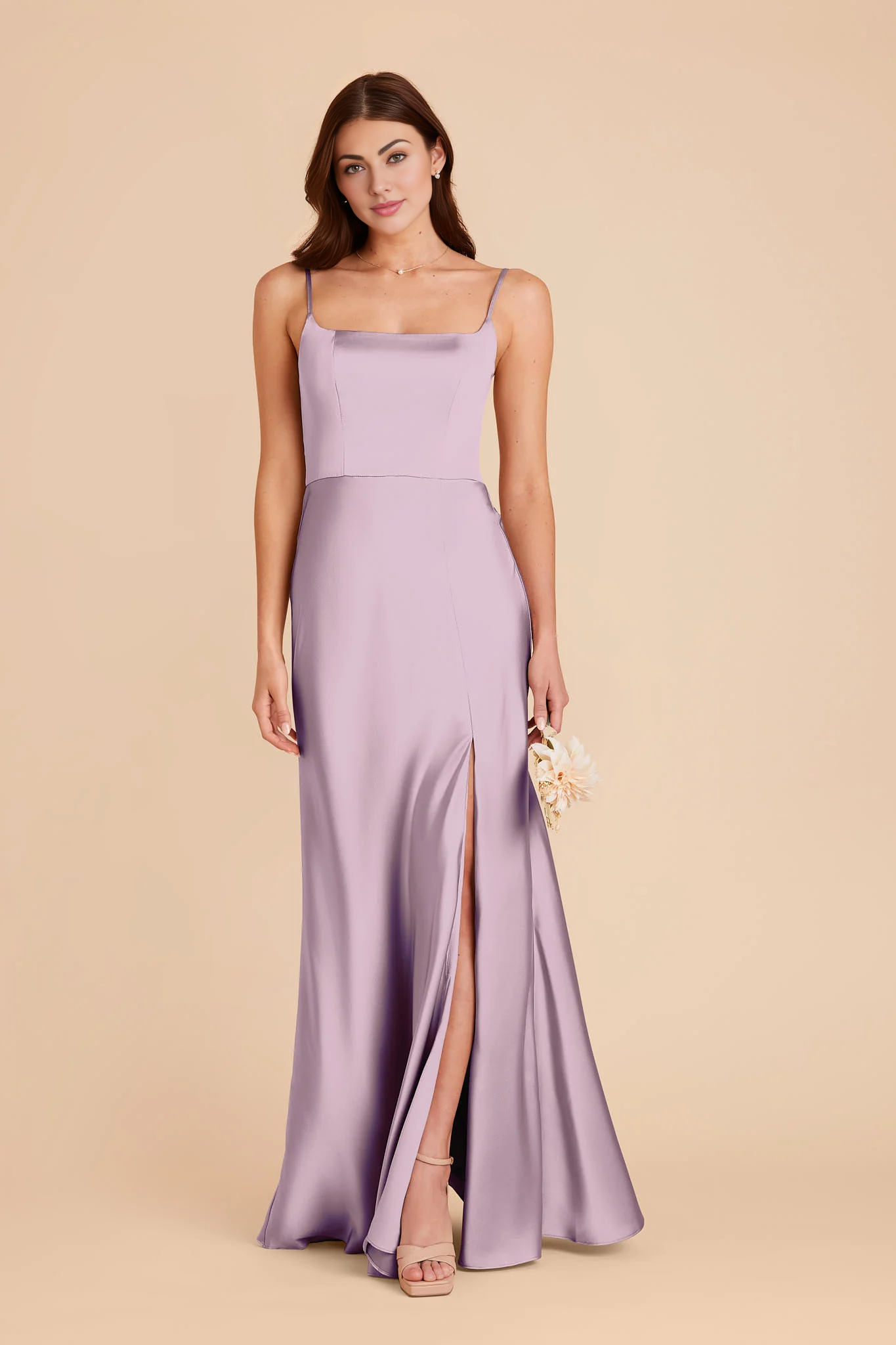 Sleek Mermaid Square-Neck Spaghetti-Strap Satin Long Slit Bridesmaid Dress