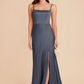 Sleek Mermaid Square-Neck Spaghetti-Strap Satin Long Slit Bridesmaid Dress