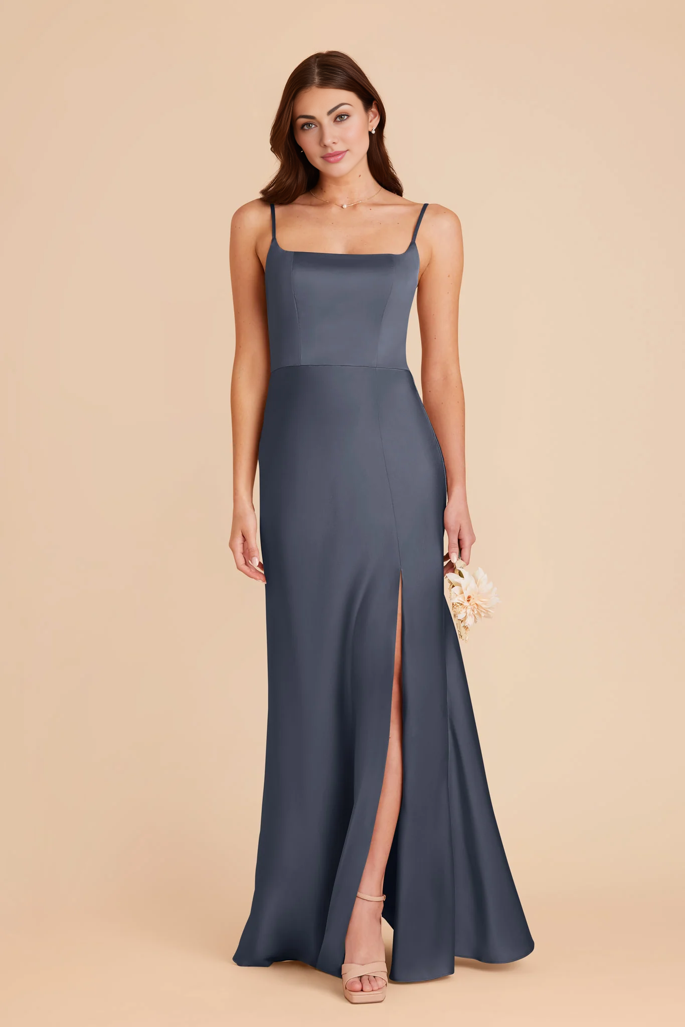 Sleek Mermaid Square-Neck Spaghetti-Strap Satin Long Slit Bridesmaid Dress