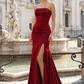 Sleek Mermaid Strapless Sleeveless Evening Dress Satin Maxi Prom Dress With Slit