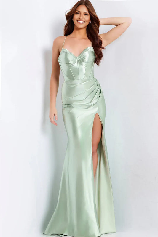 Sleek Mermaid Sweetheart Sleeveless Satin Floor-Length High-Slit Lace-Up Evening Dress