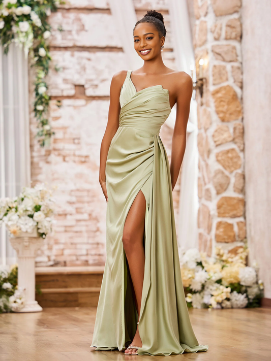 Sparkling Mermaid Sweetheart Sleeveless Satin Maxi Evening Dress With Slit