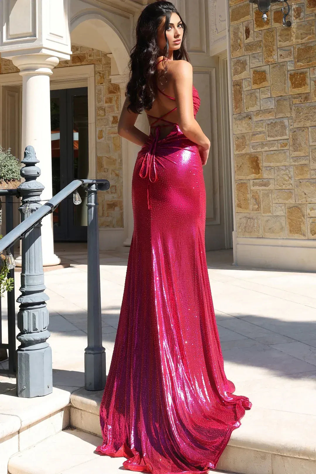 Stunning Mermaid Sweetheart Sleeveless Metallic Train-Length Cutout Lace-Up Evening Dress